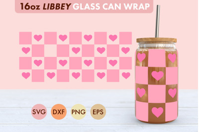 Pink Checkered Heart SVG PNG 16 oz Libbey Glass Can Wrap
