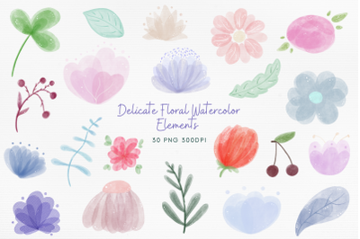 Delicate Floral Watercolor PNG Elements