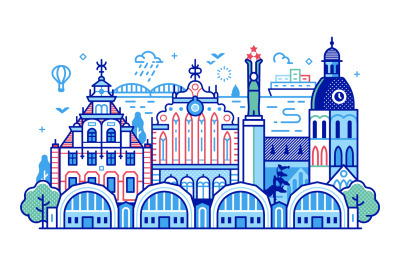 Riga Icons and Illustrated Cityscape