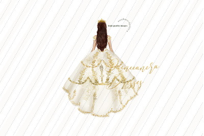 Elegant Ivory White Princess Clipart, White Gold Quinceanera