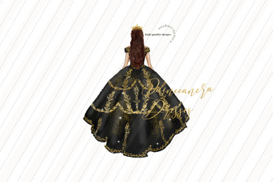 Elegant Black Princess Clipart, Black &amp; Gold Quinceanera