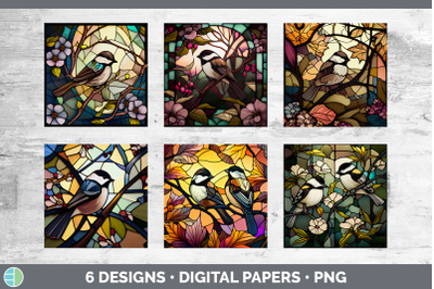 Stained Glass Chickadee Bird Paper Backgrounds | Digital Scrapbook Pap
