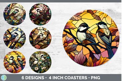 Stained Glass Chickadee Bird Round Coaster | Sublimation Coaster Desig