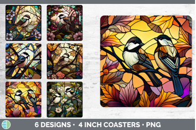 Stained Glass Chickadee Bird Square Coaster | Sublimation Coaster Desi