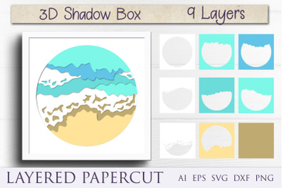 Waves shadow box, Summer beach layered papercut svg