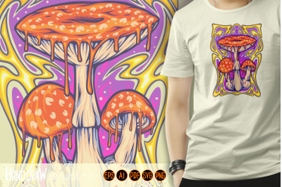 Magic mushroom with art nouveau frame background illustrations