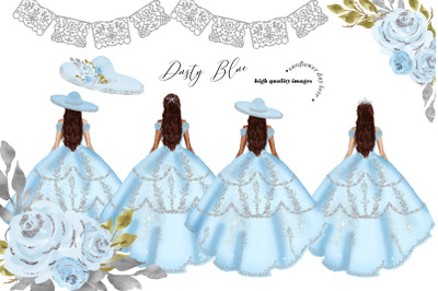 Dusty Blue Princess Dresses Clipart, Dusty Blue Quinceaera