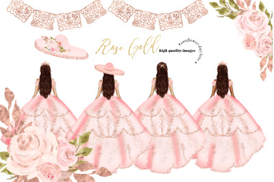 Rose Gold Princess Birthday Clipart, Rose Gold Flowers