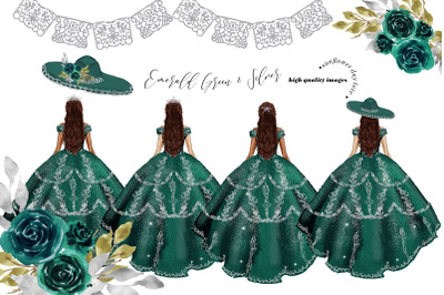Emerald Green Princess Dress Clipart, Green Flowers clipart
