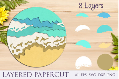 3d beach layered, Sea waves papercut svg
