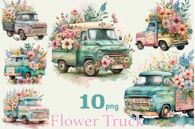 Watercolor Flower Truck Clipart | Vintage Truck Illustration