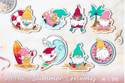 Cute beach gnomes stickers | 8 summer gnome PNG