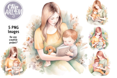 Mom and Baby Boy Clip Art 5PNG Images Illustrations Bundle Home Decor