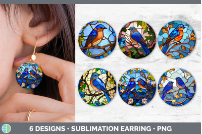 Stained Glass Eastern Bluebird Bird Round Earrings | Sublimation Earri
