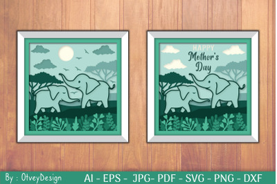 Mother And Baby Elephant Shadow Box Layered Papercut