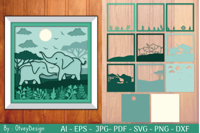 Mother And Baby Elephant Shadow Box Layered Papercut