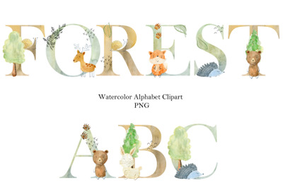 Watercolor alphabet with forest animals.