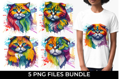 Rainbow Scottish Fold cat Watercolor Bundle