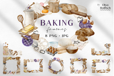 Watercolor Baking Frames Set. Cooking Clipart. Bakery Logo PNG