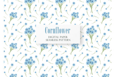 Cornflowers watercolor digital paper, seamless pattern. Wildflowers