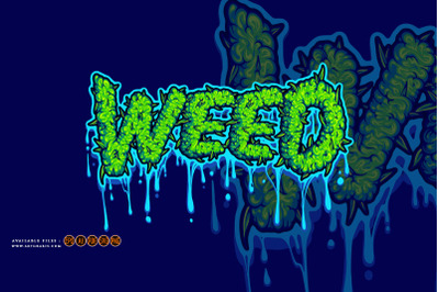 Weed word lettering with melted buds text  illustrations