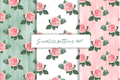 Seamless patterns of pink roses