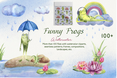Funny Frogs. Watercolor set