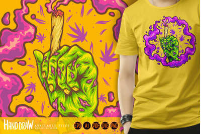 Zombie hand holding marijuana joint logo illustrations