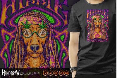 Hippie dog on psychedelic art frame background illustrations