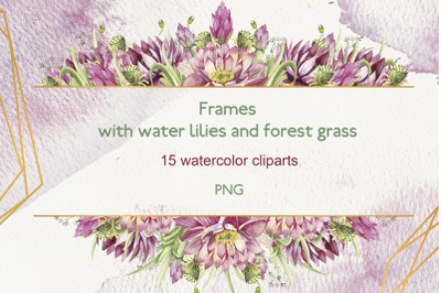 Watercolor frames with waterlilies and forest grass