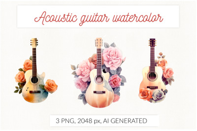 Acoustic guitar with flowers watercolor PNG sublimation