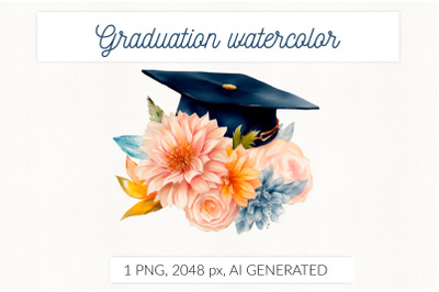Watercolor graduation cap with flower bouquet. Class 2023