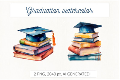 Watercolor graduation cap with books vintage watercolor