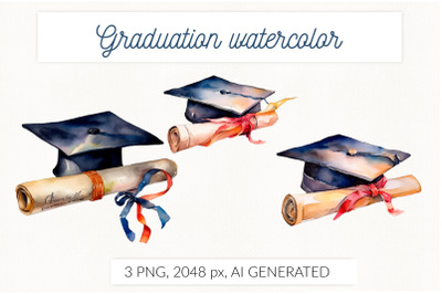Watercolor graduation cap with diploma scroll vintage PNG