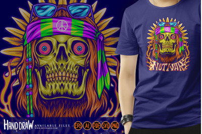 Hippie skull with classic sunflower trippy background illustrations