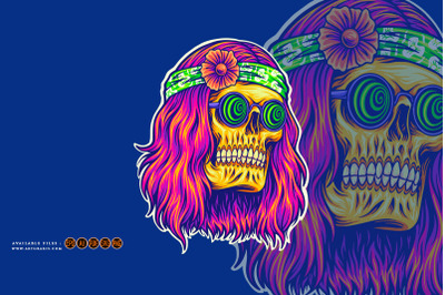 bohemian skull with trippy face wearing spiral glasses illustrations