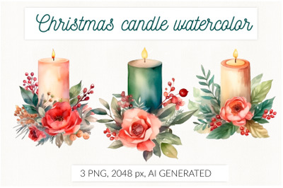 Christmas candle watercolor AI generative. Floral Christmas