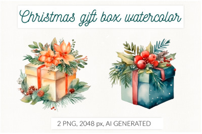 Christmas gift box watercolor AI generative. Farmhouse Chris