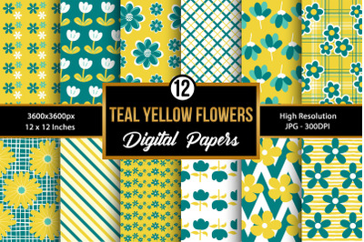 Yellow and Teal Flowers Digital Papers