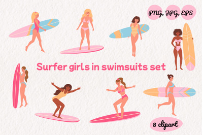 Surfer girls in swimsuits set