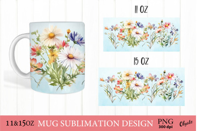 Wildflowers Mug Sublmation Design. Flower Mug Wrap PNG