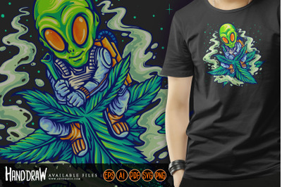 Astronaut alien flying on space with marijuana leaf illustrations