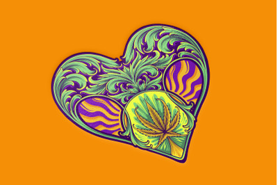 Engraving ornament heart shape frame with cannabis leaf illustrations