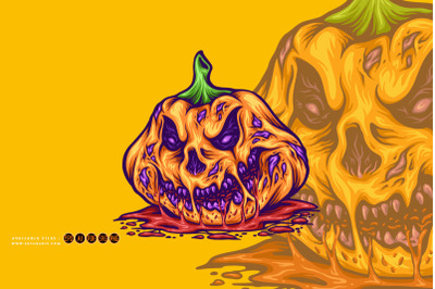 Rotten pumpkin creepy monster halloween fruit illustrations