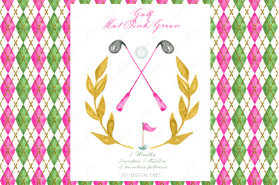 Golf Clipart Argyle pattern green Hot Pink Vintage