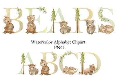 Watercolor alphabet with bears.