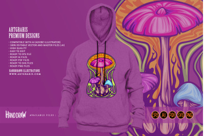 Magic mushroom psycho plant on trippy background illustrations