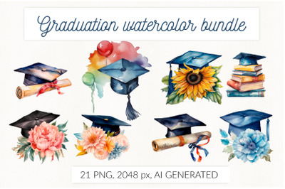 Watercolor graduation cap with diploma flowers BUNDLE PNG
