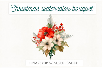 Watercolor Christmas bouquet with red flowers PNG