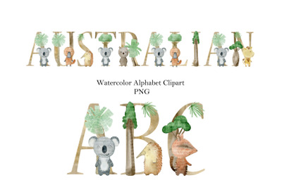 Watercolor alphabet with australian animals.